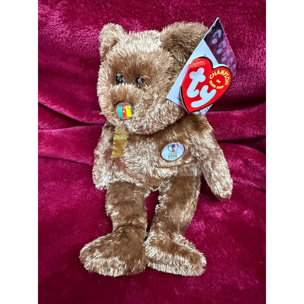 Ty Beanie Baby Champion Bear Cameroon 8.5" Brown New 2002 FIFA World Cup Plush